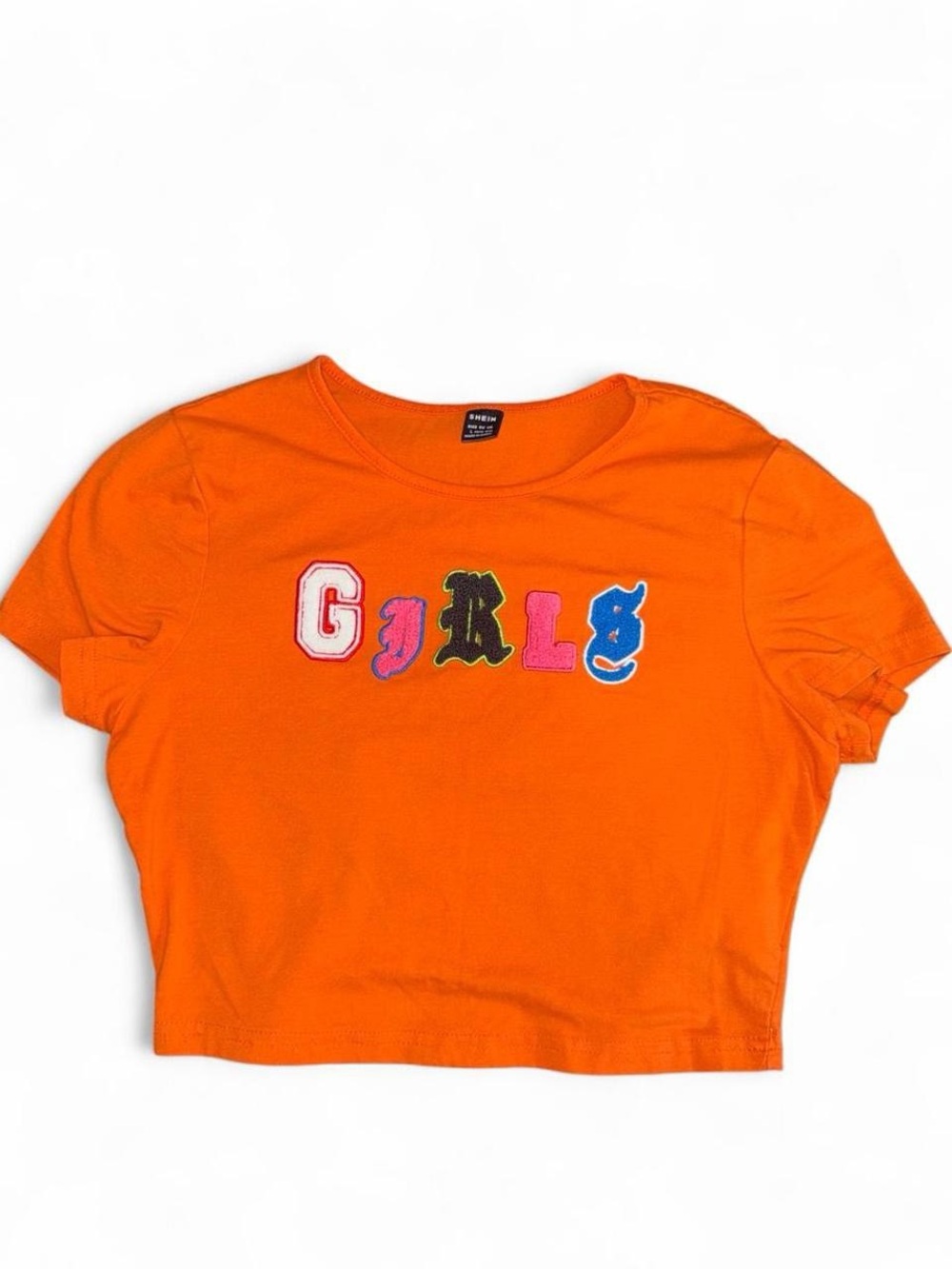 Orange Short Sleeve Patched Letters Crop Top